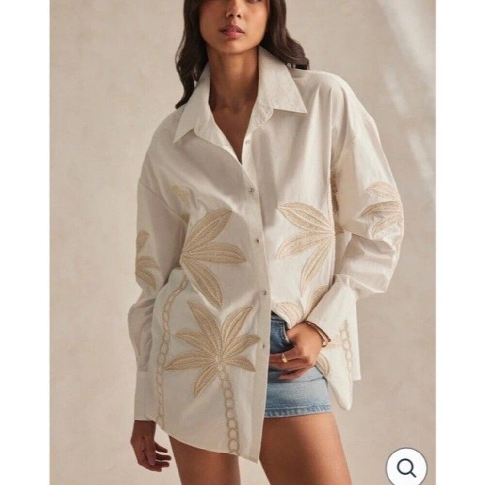 Hemant And Nandita Ari Button Up Shirt Off White Palm Embroidered Long Sleeve Xs